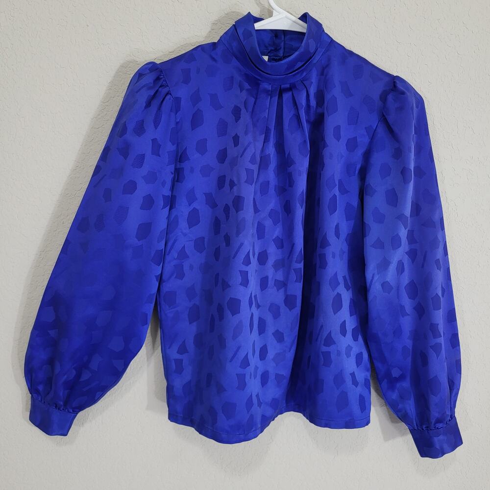 Vintage Blouse Petite Impressions Women  XS  Blue Jacquard Long Sleeve High Neck